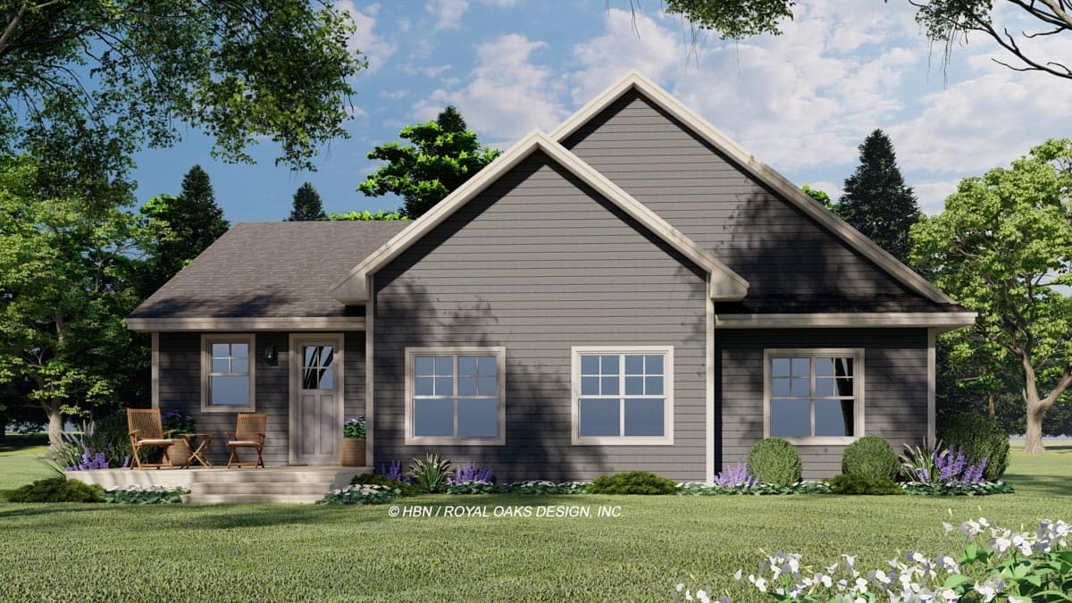 House plan exterior: Single-story Modern Farmhouse with a gable roof, front porch, and horizontal siding.