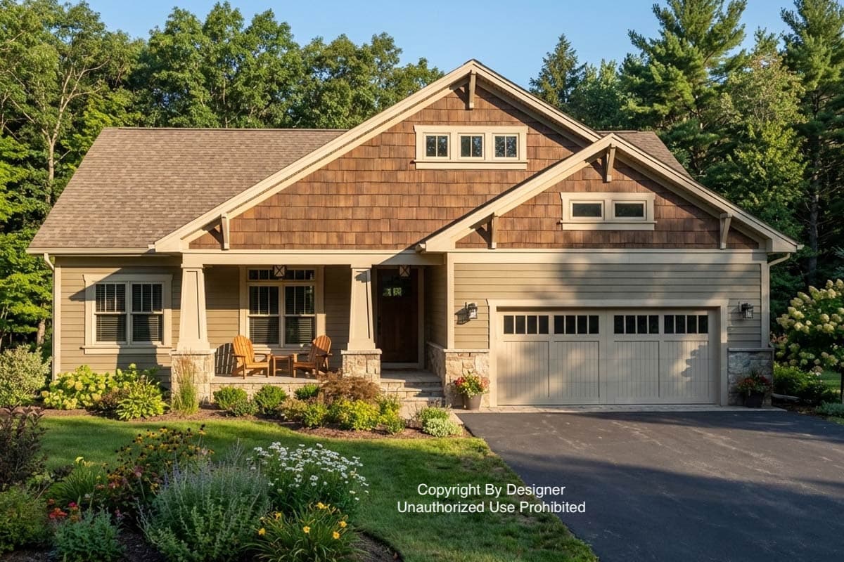 A craftsman-style house with a covered porch, a two-car garage, and a beautifully landscaped yard. Trees frame the house, providing a scenic backdrop.