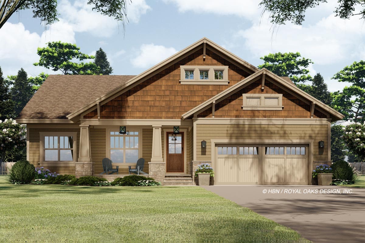 Craftsman style house plan exterior with a covered front porch, wood shingle siding, dormers, and a two-car garage.