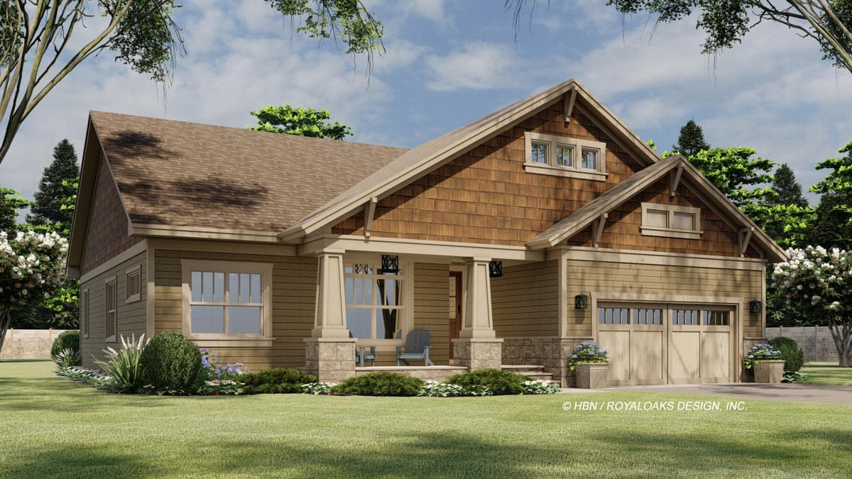 House plan exterior: Craftsman-style, one-story with gabled roof, shingled dormers, covered front porch, and side-facing garage.