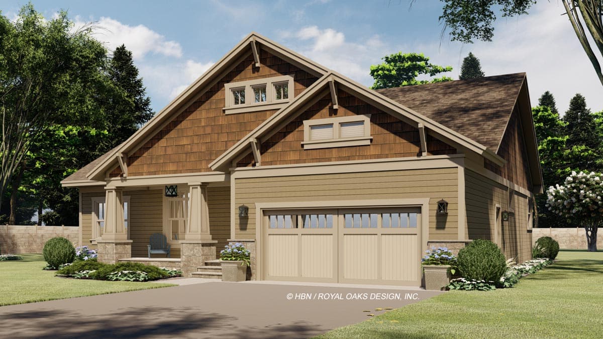 Craftsman style house plan exterior with covered porch, decorative gables, cedar shake siding, and a double garage.