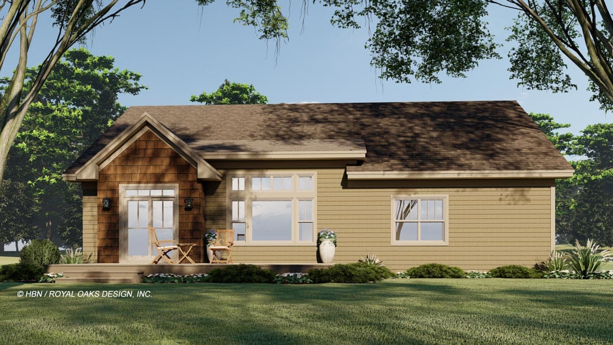 House plan exterior: Single-story home with gabled entry, wood siding, and large picture windows.