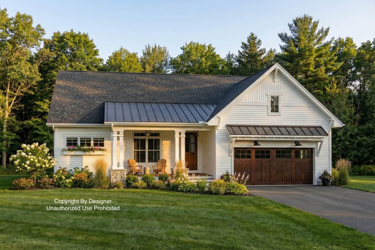 A white farmhouse with a dark roof and a brown garage door. Two chairs sit on the porch, surrounded by a manicured lawn and lush landscaping.