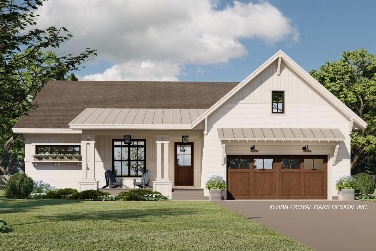Modern Farmhouse house plan exterior with a covered porch, gable roof, dormer window, and a two-car garage.