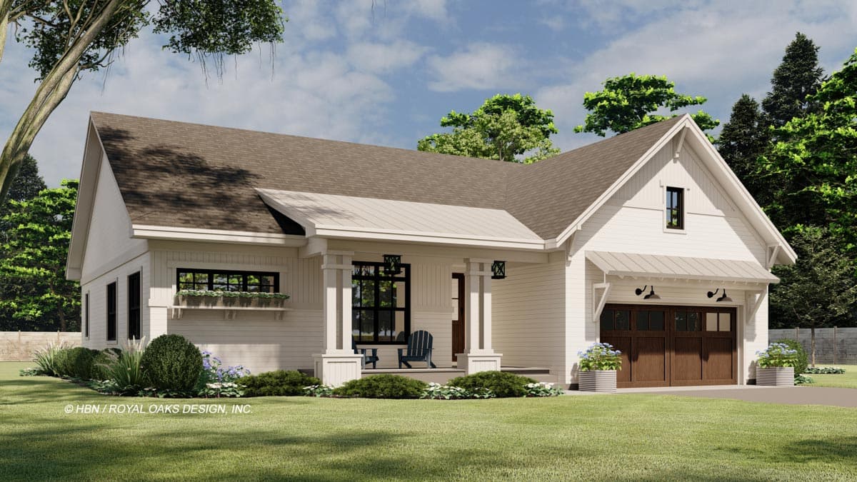 House plan exterior: One-story Modern Farmhouse with a covered front porch, gables, dormers, and a side-facing garage.
