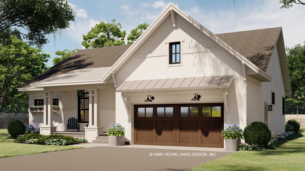 Modern Farmhouse house plan exterior with gable roof, porch, and double garage with metal awning.