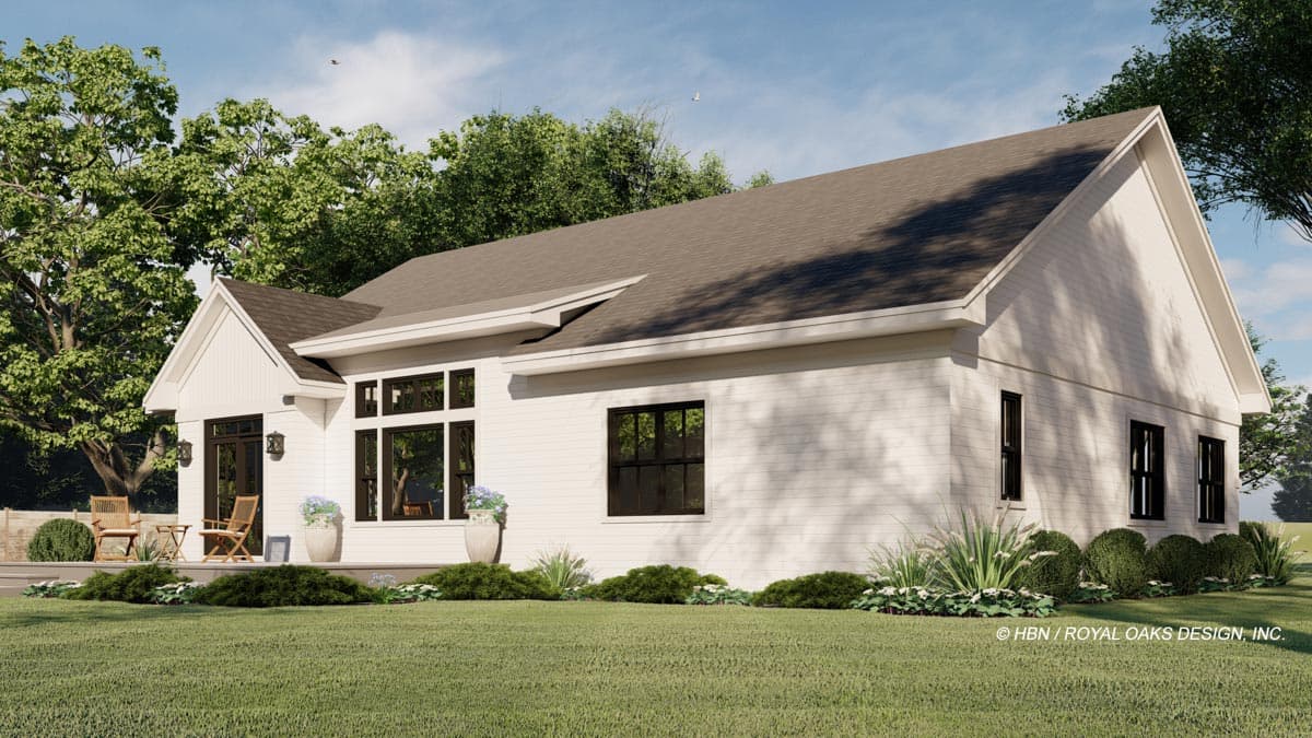 House plan exterior: Modern Farmhouse style, one story, with gabled entrance, large windows, and a wide porch.