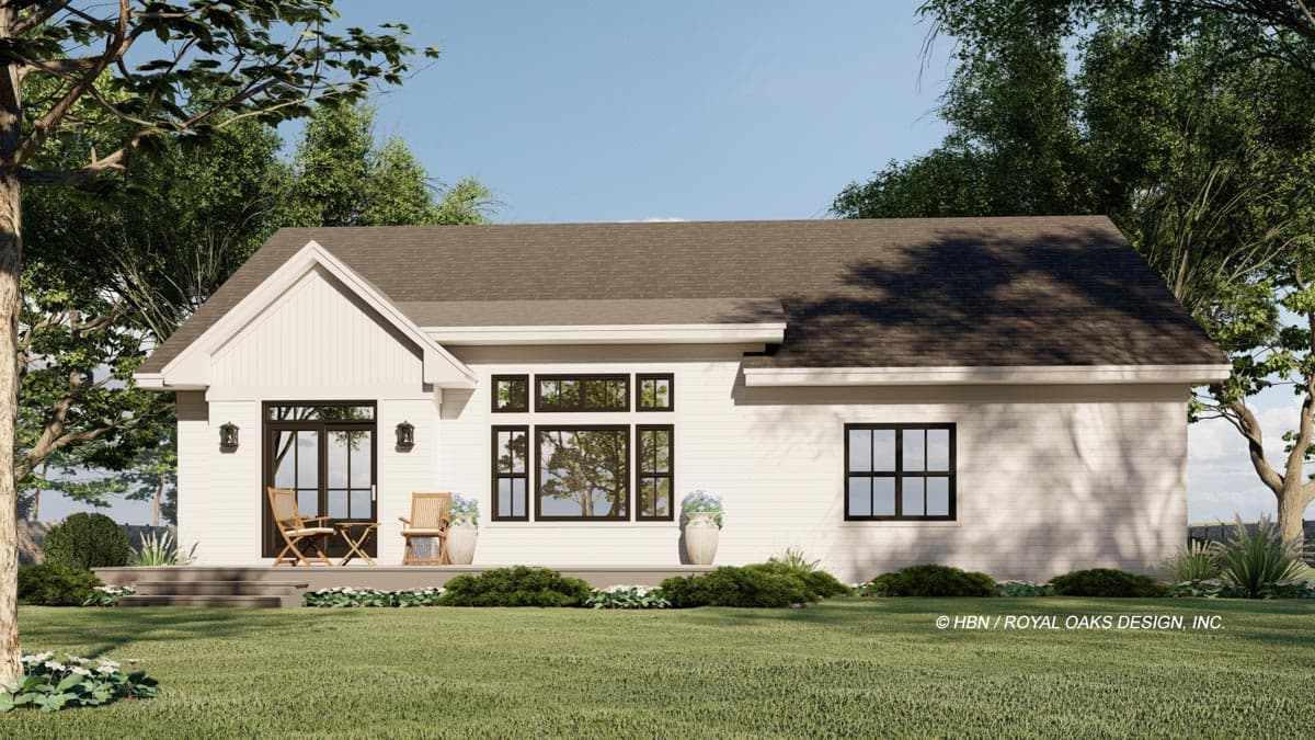 Modern Farmhouse house plan exterior with a prominent gable, large multi-pane windows, and a covered front porch.