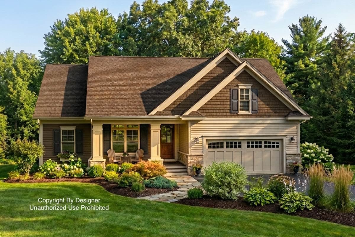 A charming, well-landscaped house with a brown roof and siding, a two-car garage, and a welcoming front porch with chairs.