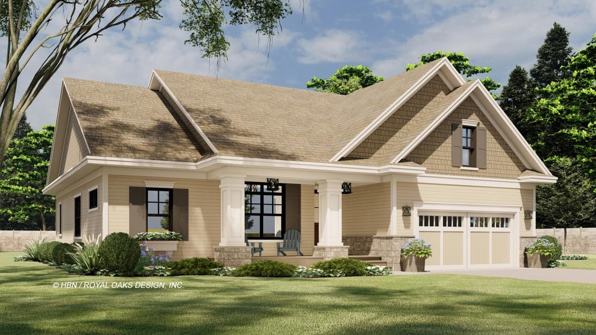 House plan exterior: One-story Modern Farmhouse with covered front porch, gabled rooflines, and attached two-car garage.