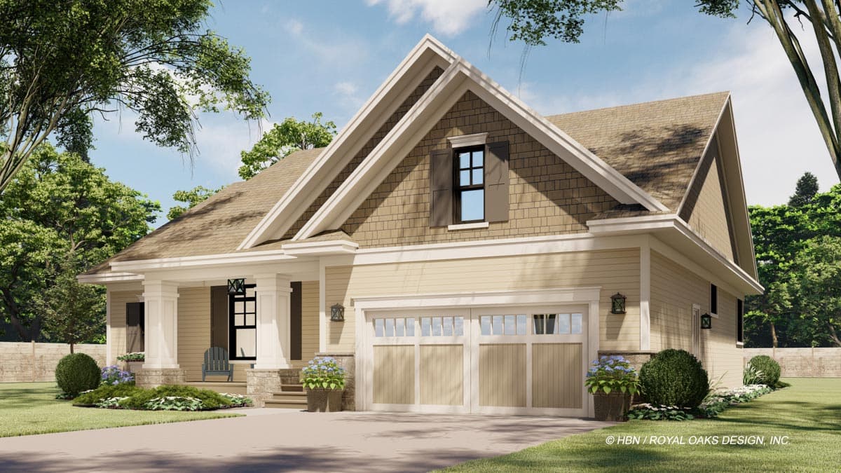 House plan exterior, 1.5 stories, with a prominent front gable, covered porch, and double garage doors.