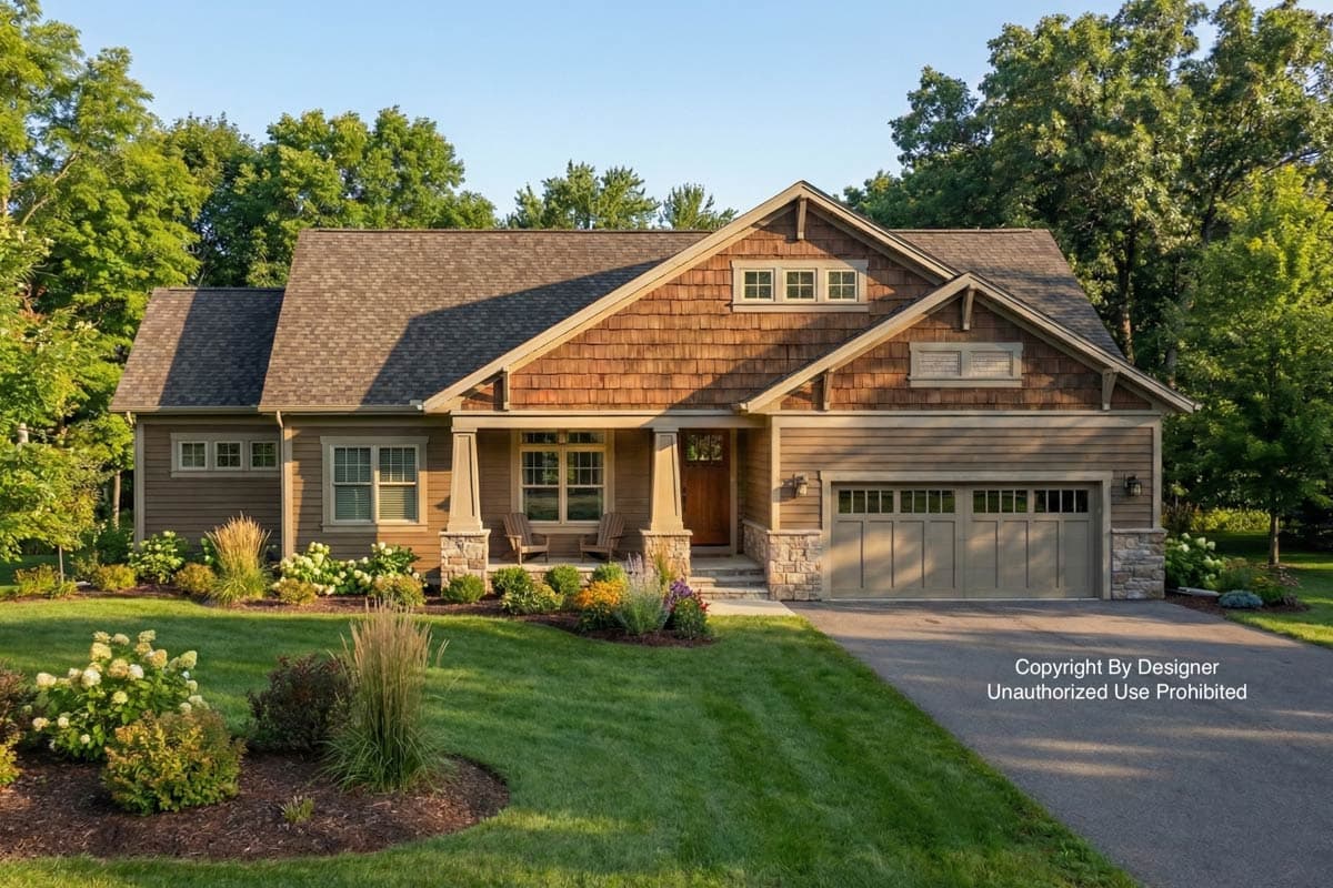 A beautiful craftsman-style home with cedar siding and a welcoming front porch. Lush green lawn and landscaping add to the curb appeal.