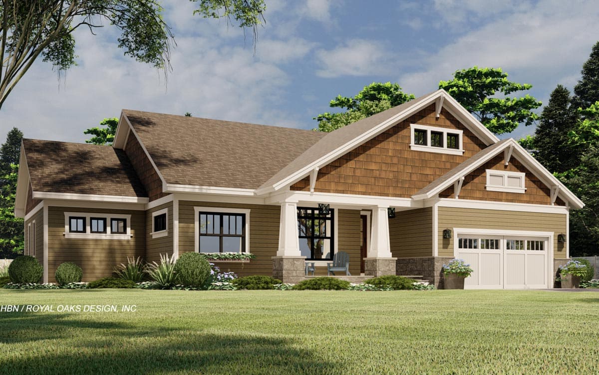 Craftsman style house plan exterior with shingle siding, wide eaves, front porch with columns, and a two-car garage.