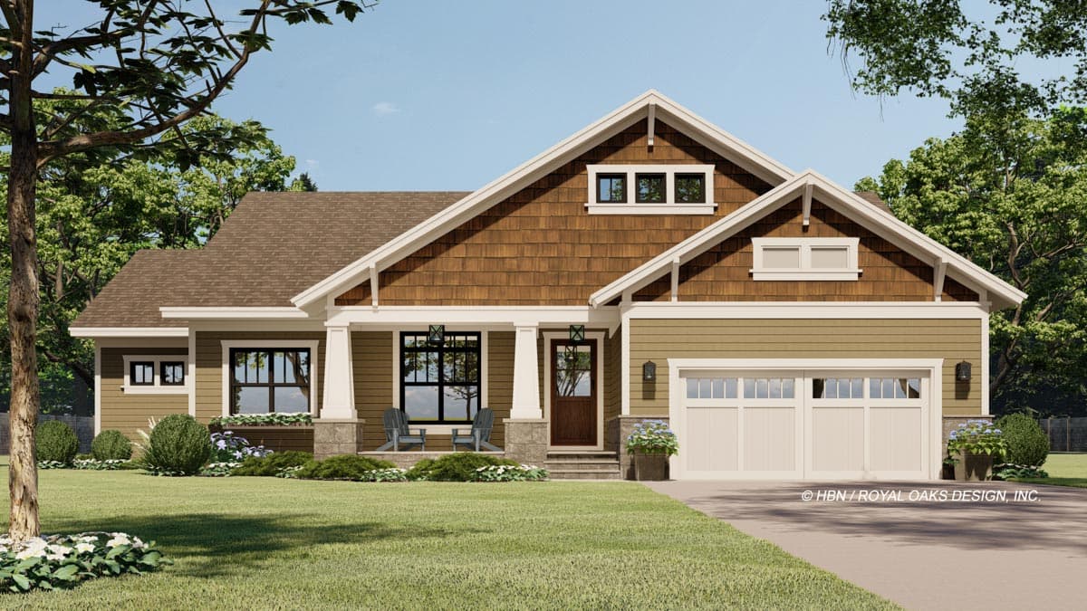 Craftsman house plan exterior with a covered front porch, shingle siding, multiple gables, and a two-car garage.