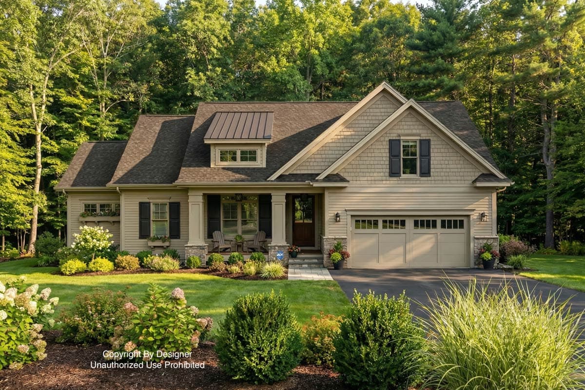 A beige-toned house with a stone and wood exterior sits amidst lush greenery and trees. A welcoming front porch with chairs leads to the entrance.