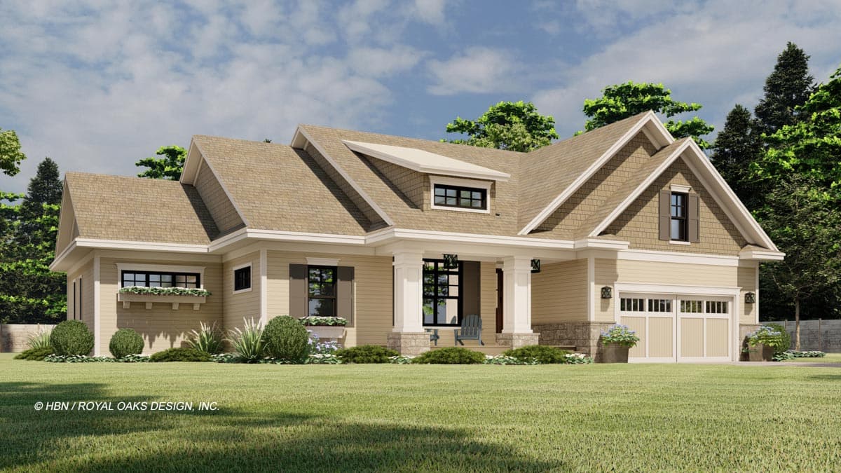 House plan exterior showing a one-story Modern Farmhouse with a covered front porch, dormer window, and attached garage.