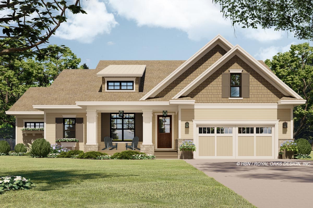 Craftsman style house plan exterior with a prominent gabled roof, covered front porch with stone accents, and a two-car garage.