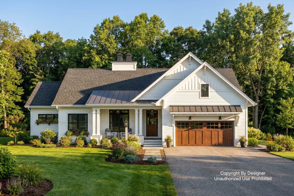 A white, modern farmhouse with a dark roof and a wooden garage door. Lush green lawn and trees surround the house on a sunny day.