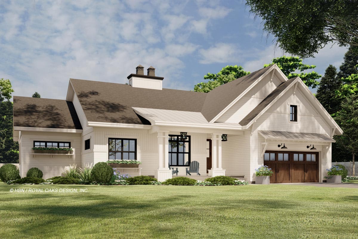 Modern Farmhouse house plan exterior with covered porch, gables, and a two-car garage.