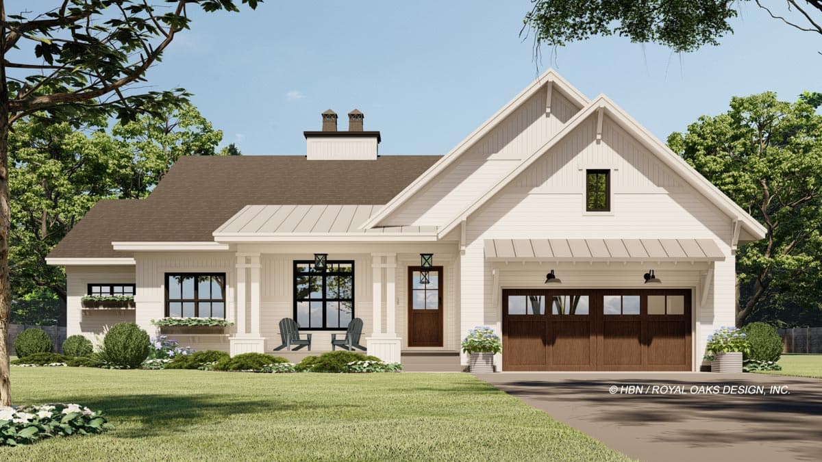 Modern Farmhouse house plan exterior with a two-car garage, covered front porch, and gable rooflines.