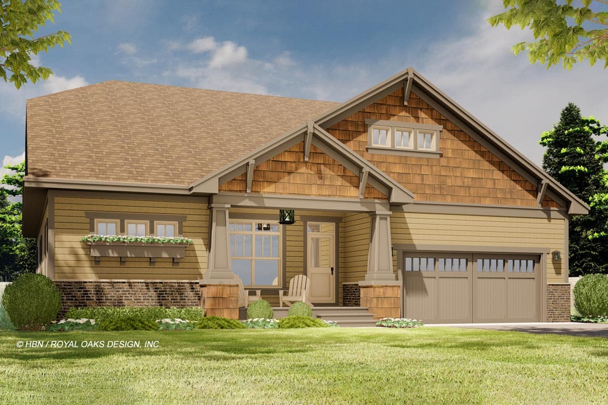 House plan exterior. Craftsman style with a single story, front porch with columns, gabled roof, and wood shake siding.