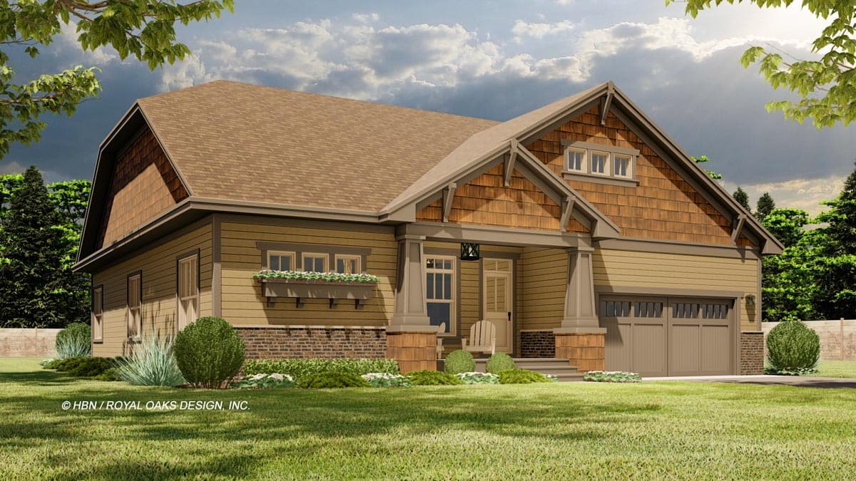 House plan exterior: Craftsman style, one story, with covered porch, decorative gables, shingle siding, and attached two-car garage.