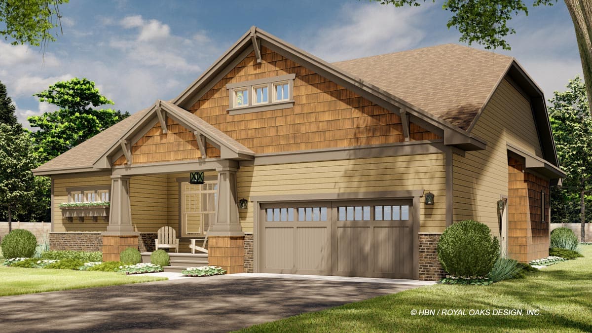 Craftsman house plan exterior with a covered front porch, two-car garage, and multi-textured siding.