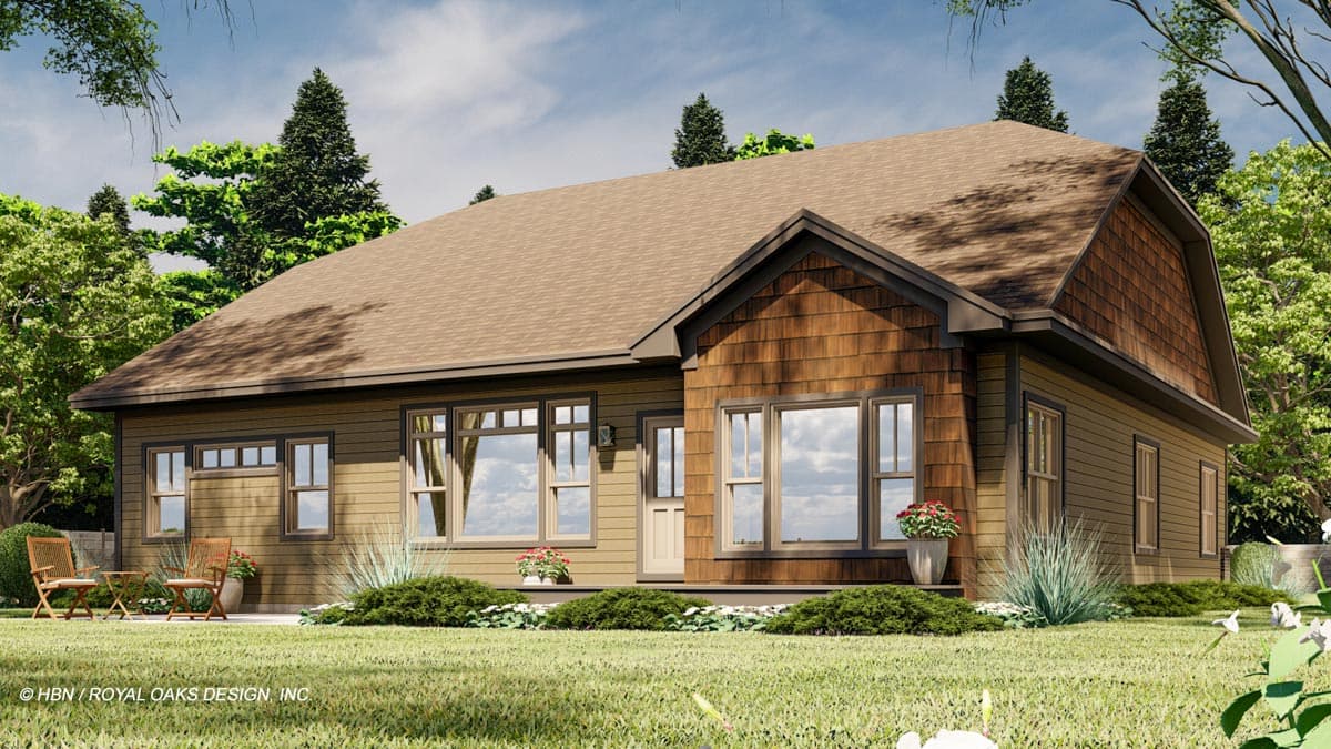 House plan exterior rendering shows a one-story home with a prominent gable end clad in wood shingles, large windows, and horizontal siding.