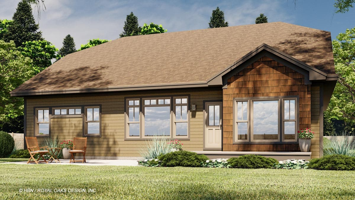 House plan exterior view of a single-story home with a prominent gable, shingle accents, and multiple windows.
