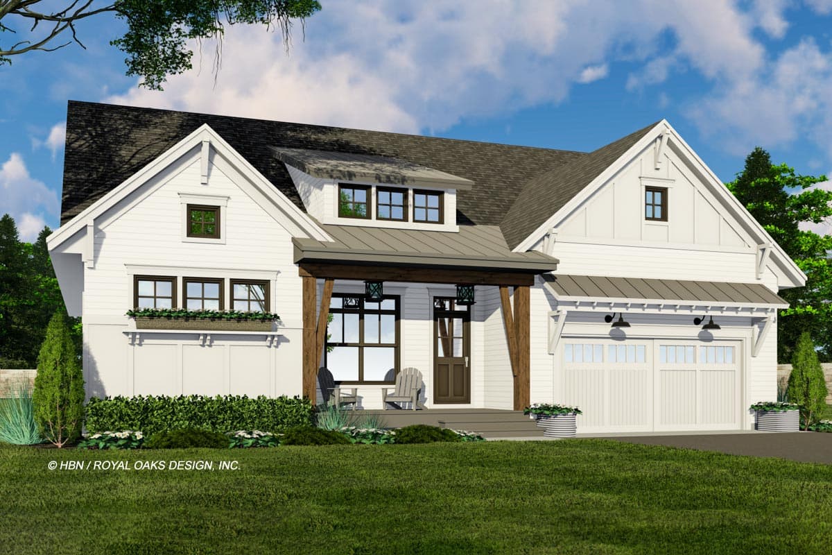 House plan exterior: Modern Farmhouse style, one story, covered front porch with wood beams, gabled dormer, attached two-car garage.