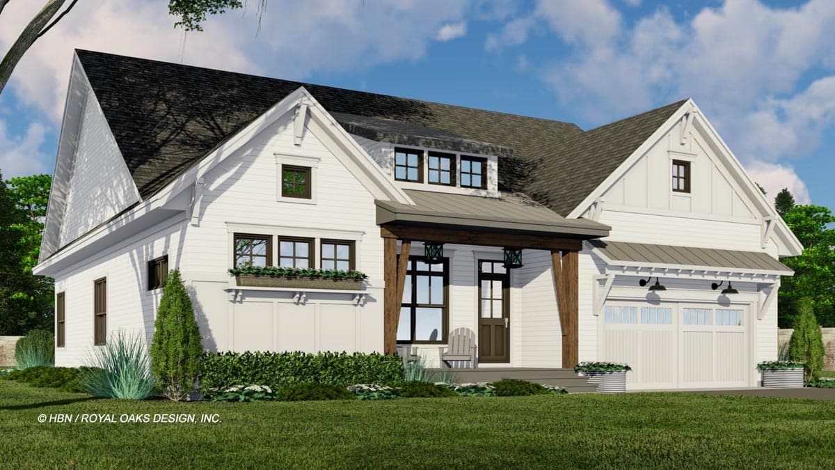 Modern Farmhouse house plan exterior with gables, dormers, covered porch, and a side-entry two-car garage.