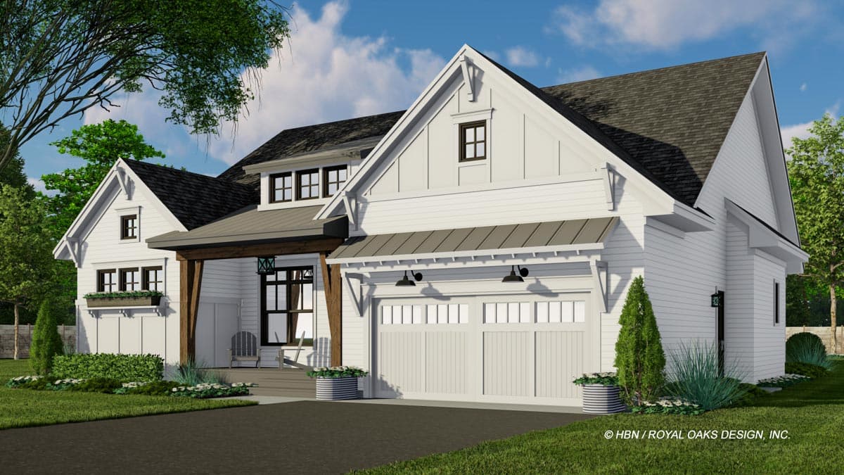 Modern Farmhouse house plan exterior featuring a prominent gable, exposed wood beams on the porch, and a two-car garage with carriage-style doors.
