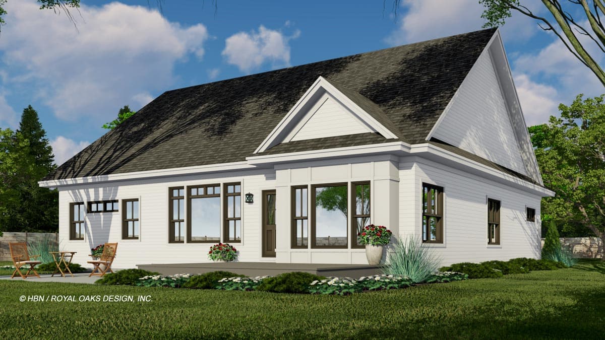 House plan exterior: single-story Modern Farmhouse with prominent gables, board-and-batten siding, and dark-trimmed windows.