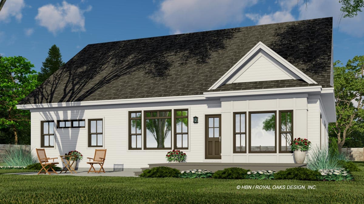 Modern Farmhouse house plan exterior: one story, white siding, gabled dormer, large windows, and covered porch.