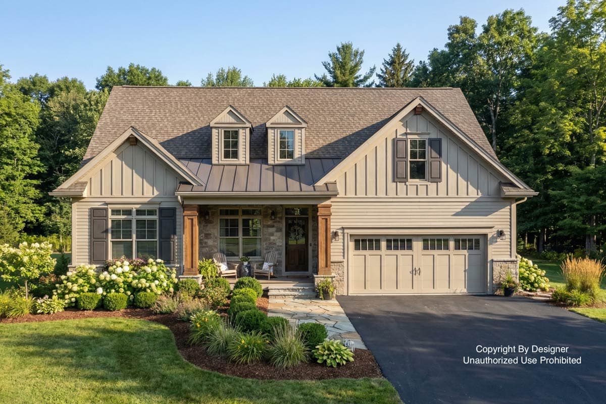 A craftsman-style house with stone accents, a covered front porch, and a well-manicured landscape. Lush greenery surrounds the home on a sunny day.