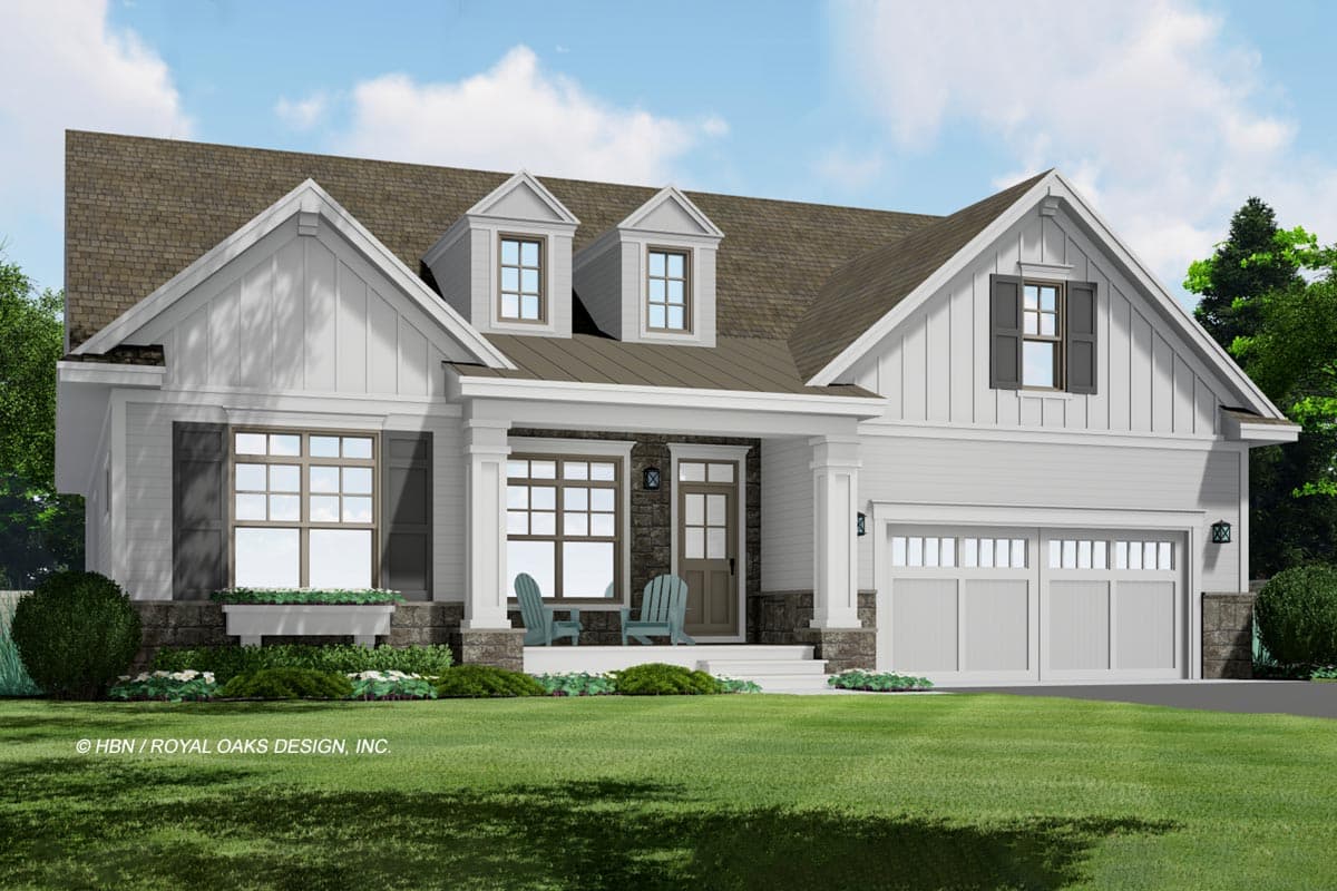 House plan exterior: Modern Farmhouse style, one-and-a-half stories, covered front porch, gabled dormers, and a two-car garage.