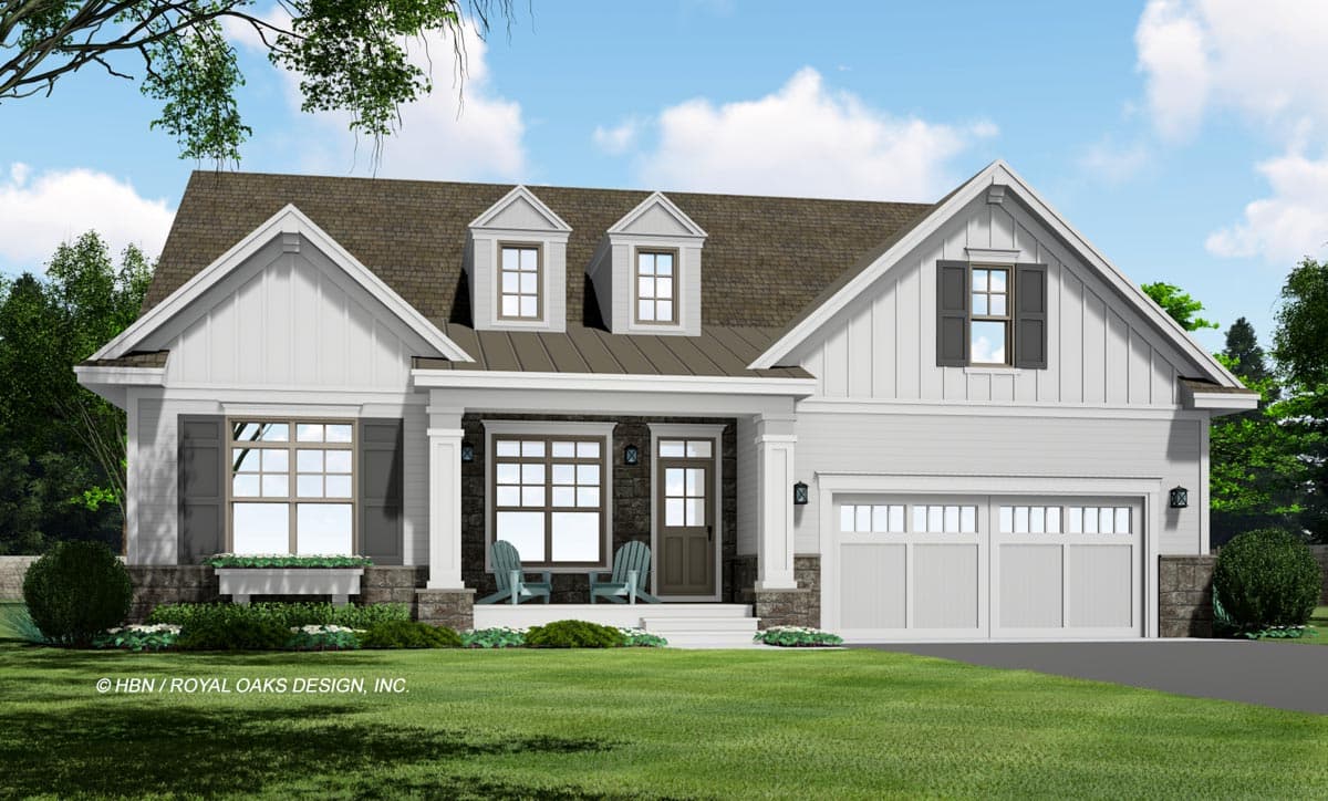 House plan exterior: Modern Farmhouse style, one story, covered front porch, dormers, and a two-car garage.