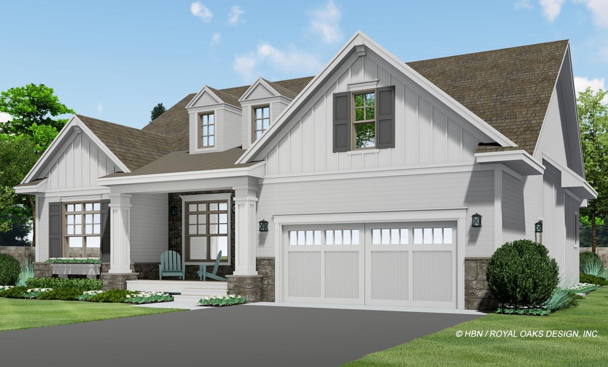 House plan exterior: Modern Farmhouse style, two stories, with a covered porch, dormers, stone accents, and a three-car garage.