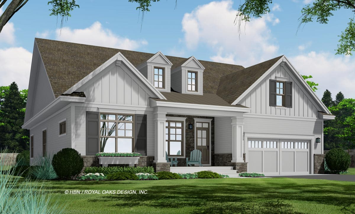 Modern Farmhouse house plan exterior with gables, dormers, and a two-car garage.