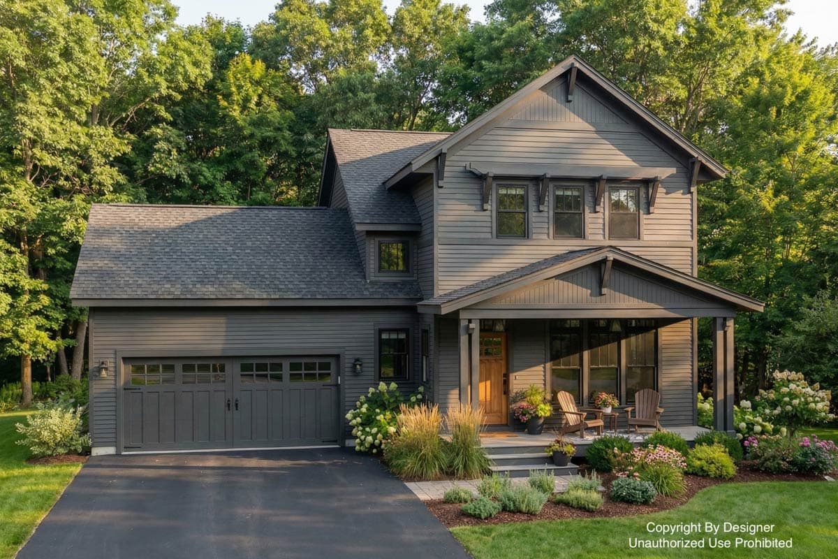 A modern, two-story house with dark gray siding, a porch, and a well-manicured yard. The house is surrounded by lush green trees.