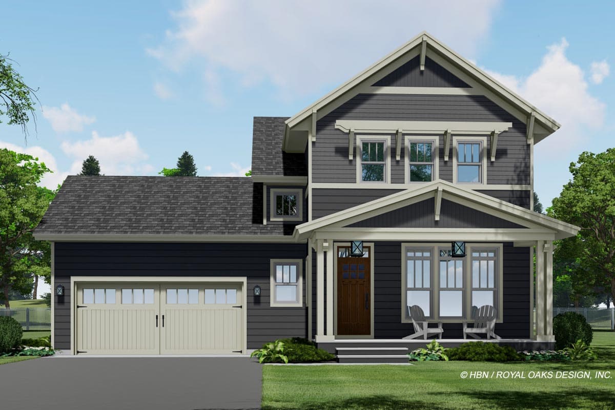 House plan exterior: two-story Modern Farmhouse with covered front porch, prominent gables, and attached two-car garage.