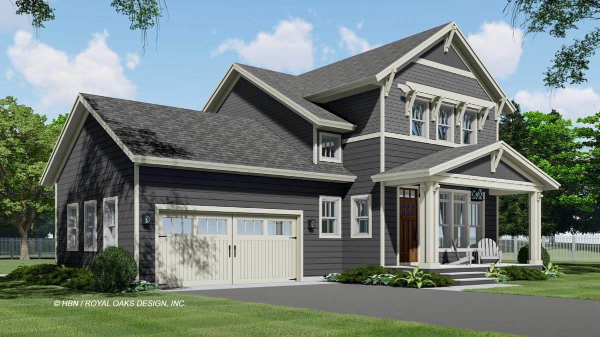 House plan exterior: Two-story Modern Farmhouse with gabled porch, decorative brackets, and double garage door.