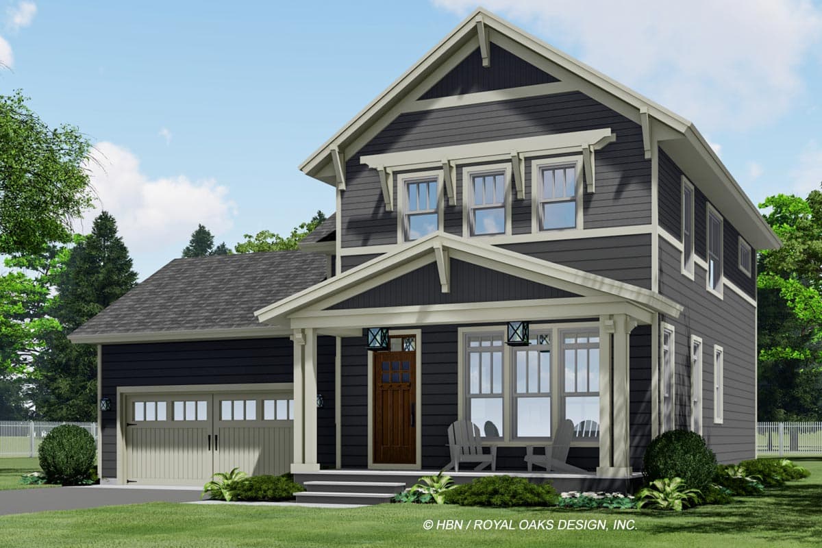 Craftsman style house plan exterior, two stories, with a covered porch, gabled dormers and a side-entry garage.