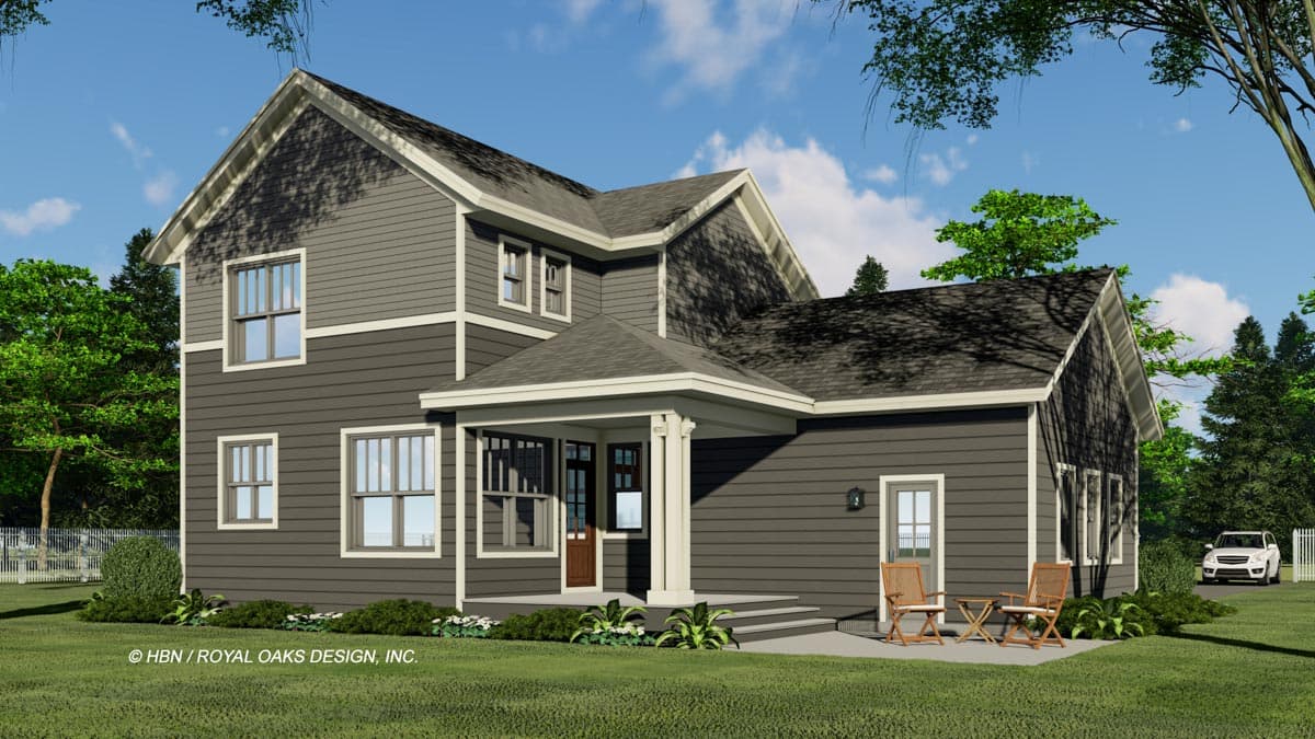 House plan exterior: Two-story home with a covered porch, multiple gables, and horizontal siding.