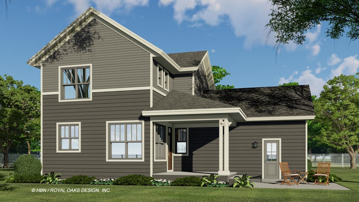 Two-story house plan exterior with gabled roof, siding, and covered porch with white columns.