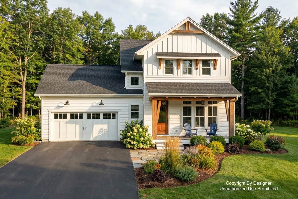 A two-story white farmhouse with a dark roof and a front porch, surrounded by lush landscaping and a driveway leading to a garage.
