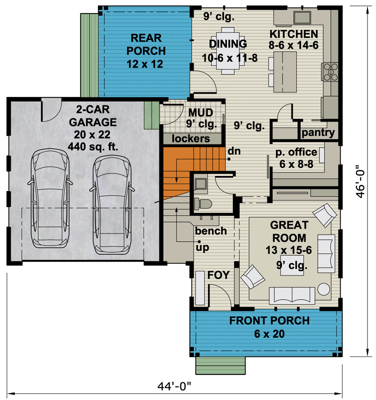 Plan 14716RK: Attractive 2-Story Modern Farmhouse Plan with Upstairs Laundry - 1776 Sq Ft - Floor Plan - Main Level - Country, Farmhouse