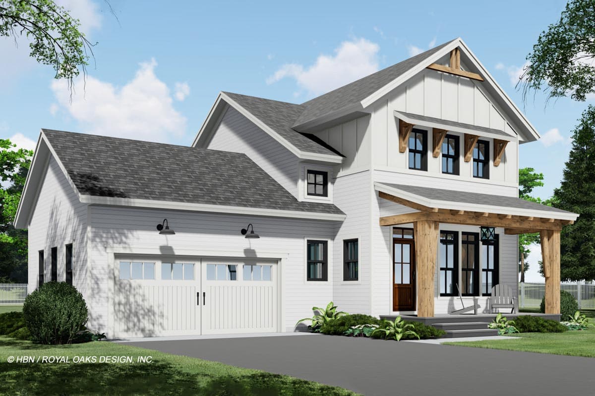 Modern Farmhouse house plan exterior with gabled roof, attached garage, and covered front porch with wood beams.