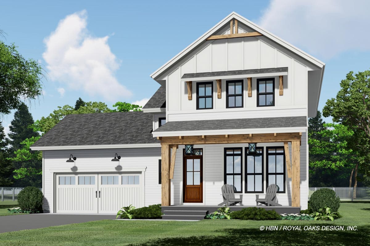 Modern Farmhouse house plan exterior with a two-story design, a covered front porch with wood beams, and an attached two-car garage.