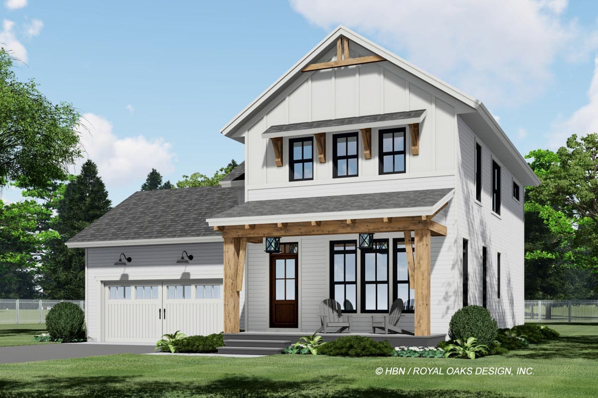Modern Farmhouse house plan exterior. Two stories, white siding, front porch with wood beams, gabled dormers, and attached garage.